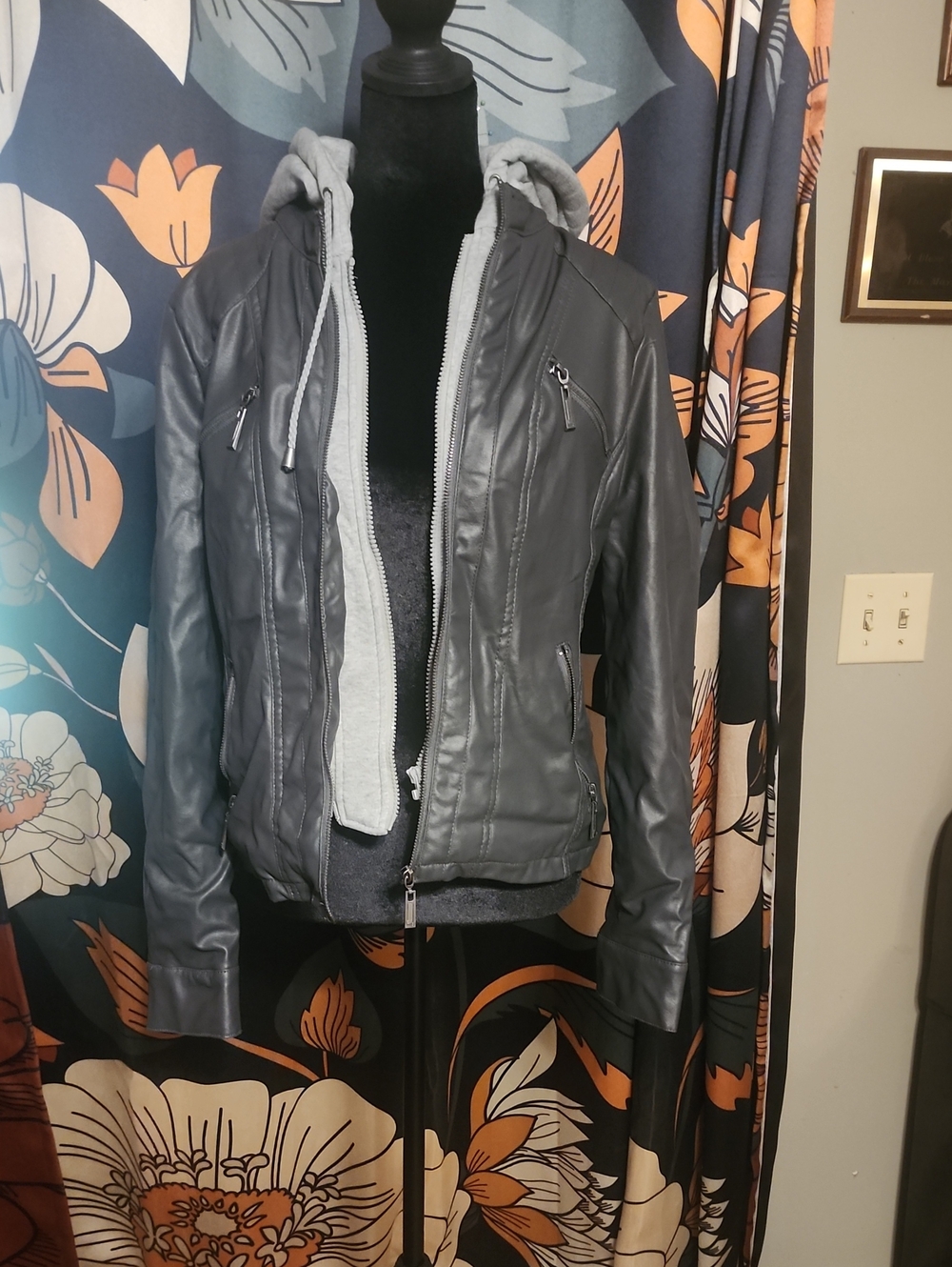 Womens Gray Faux Leather Hooded Jacket